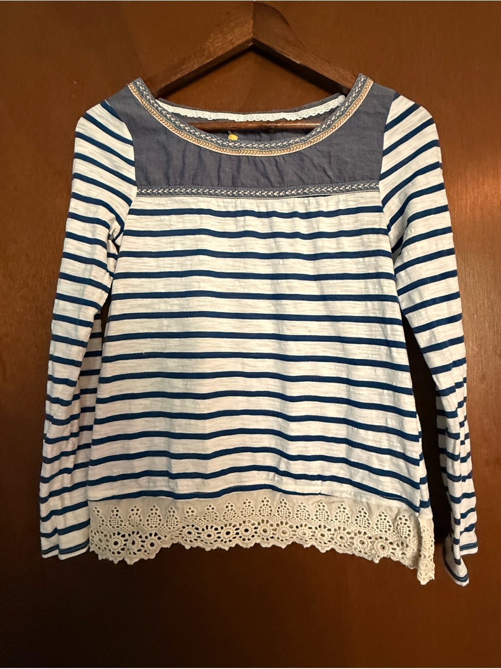 Anthropologie Little Yellow Button Striped Shirt Crochet Hem Long Sleeve